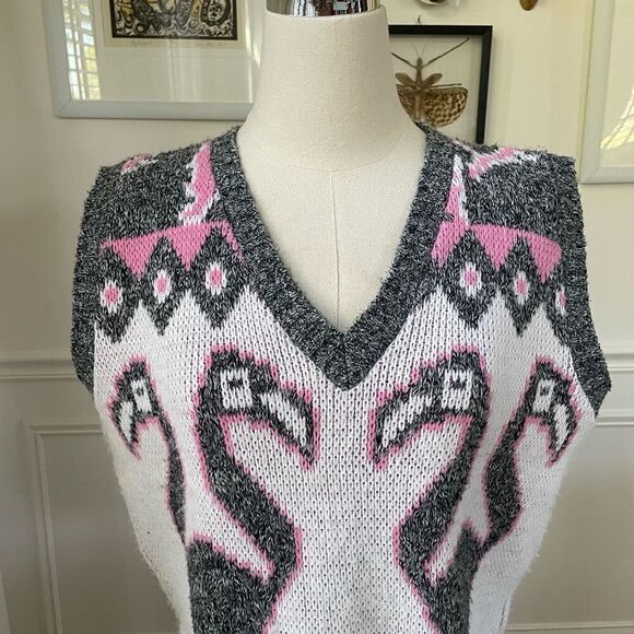 Vintage 80s Jolie Flamingo Pink Grey White Sweater Vest M - Picture 2 of 8